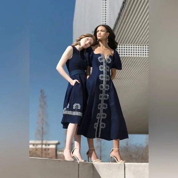 sachin and babi light blue dress ELIE TAHARI The Faye Pleated Floral-Embroidered Midi Dress